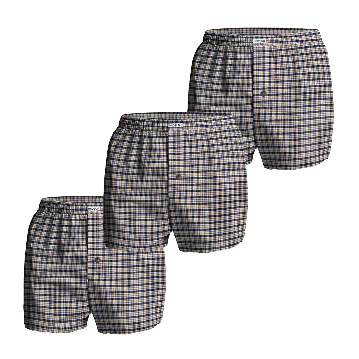 Men's Woven Cotton Boxer Shorts, Pack of 3 – Beige & Navy Check, XL or XXL - XL, Pack of 3