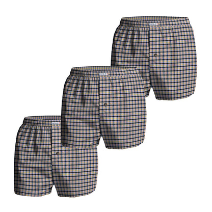 Men's Woven Cotton Boxer Shorts, Pack of 3 – Beige & Navy Check, XL or XXL - XL, Pack of 3