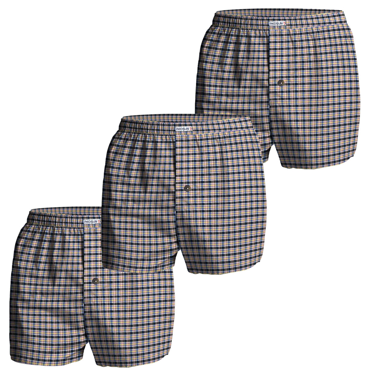 Men's Woven Cotton Boxer Shorts, Pack of 3 – Beige & Navy Check, XL or XXL - XXL, Pack of 3