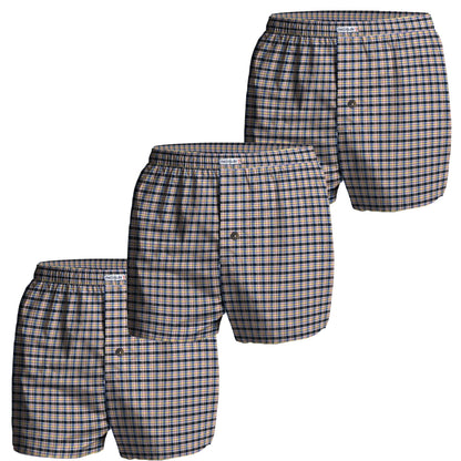 Men's Woven Cotton Boxer Shorts, Pack of 3 – Beige & Navy Check, XL or XXL - XXL, Pack of 3