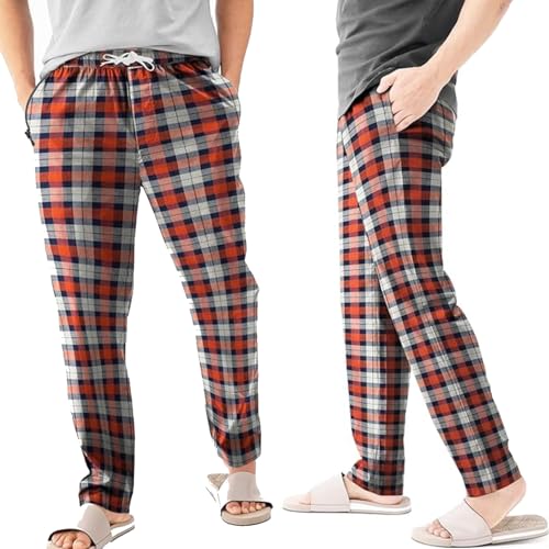 Men's Flannel Pyjama Bottoms – 100% Cotton Plaid, Zip Pockets, M to XXL - XL, Orange & Navy Plaid, Pack of 2