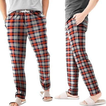 Men's Flannel Pyjama Bottoms – 100% Cotton Plaid, Zip Pockets, M to XXL - XL, Orange & Navy Plaid, Pack of 2