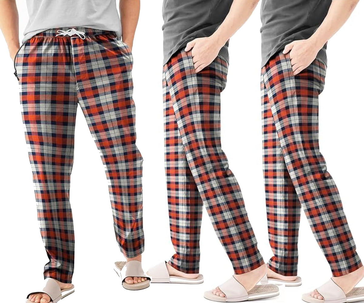 Men's Flannel Pyjama Bottoms – 100% Cotton Plaid, Zip Pockets, M to XXL - XL, Orange & Navy Plaid, Pack of 3