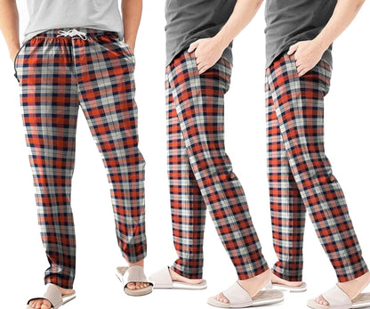 Men's Flannel Pyjama Bottoms – 100% Cotton Plaid, Zip Pockets, M to XXL - XL, Orange & Navy Plaid, Pack of 3