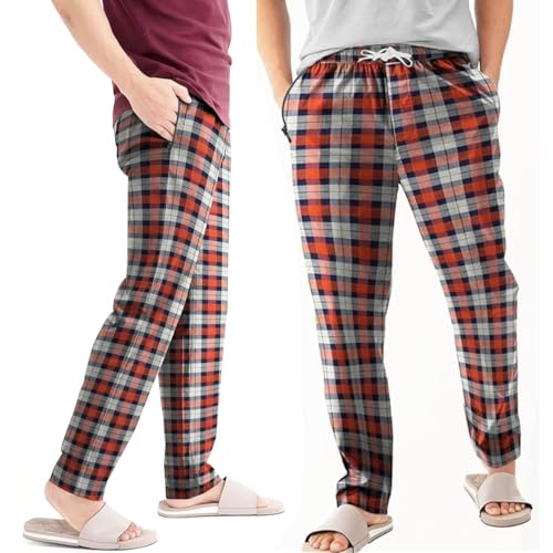 Men's Flannel Pyjama Bottoms – 100% Cotton Plaid, Zip Pockets, M to XXL - XL, Orange & Navy Plaid, Single