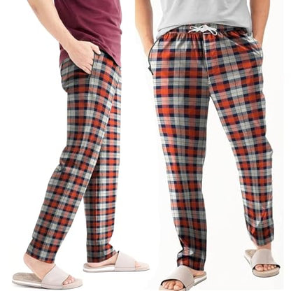 Men's Flannel Pyjama Bottoms – 100% Cotton Plaid, Zip Pockets, M to XXL - XL, Orange & Navy Plaid, Single