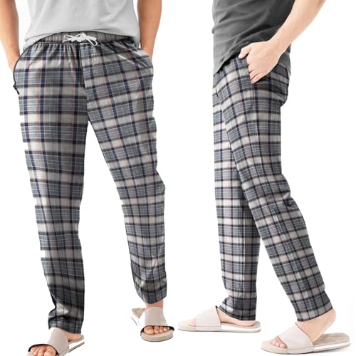 Men's Flannel Pyjama Bottoms – 100% Cotton Plaid, Zip Pockets, M to XXL - XL, Grey & Black Plaid, Pack of 2