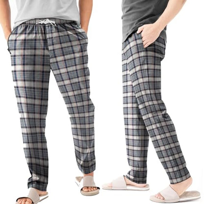 Men's Flannel Pyjama Bottoms – 100% Cotton Plaid, Zip Pockets, M to XXL - XL, Grey & Black Plaid, Pack of 2