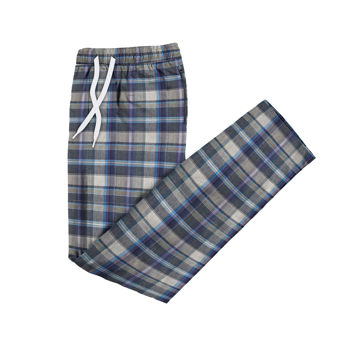 Men's Flannel Pyjama Bottoms – 100% Cotton Plaid, Zip Pockets, M to XXL - XL, Blue & Grey Plaid, Single