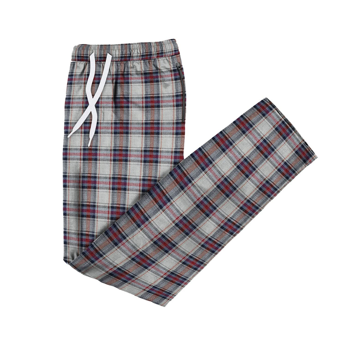 Men's Flannel Pyjama Bottoms – 100% Cotton Plaid, Zip Pockets, M to XXL - XL, Grey & Burgundy Plaid, Single