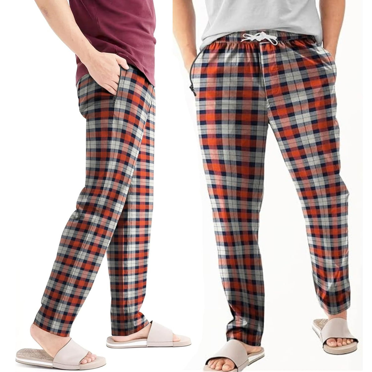 Men's Flannel Pyjama Bottoms – 100% Cotton Plaid, Zip Pockets, M to XXL - XXL, Orange & Navy Plaid, Single