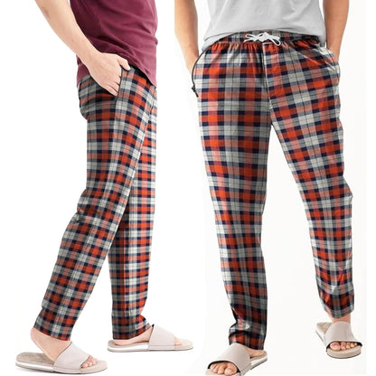 Men's Flannel Pyjama Bottoms – 100% Cotton Plaid, Zip Pockets, M to XXL - XXL, Orange & Navy Plaid, Single