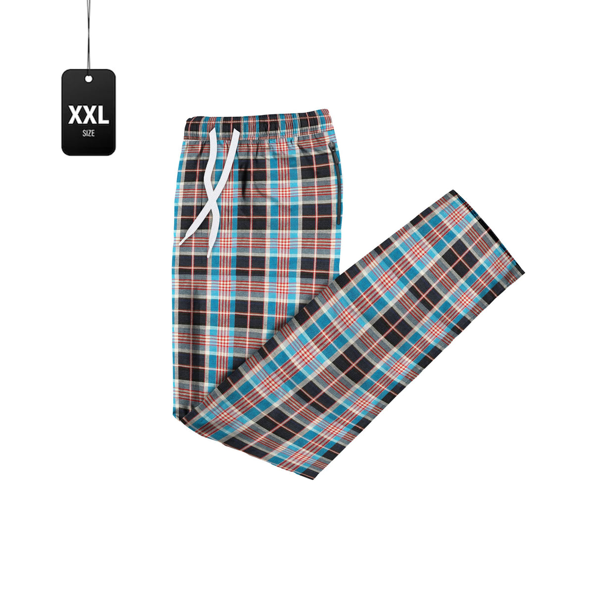 Men's Flannel Pyjama Bottoms – 100% Cotton Plaid, Zip Pockets, M to XXL - XXL, Teal & Black Plaid, Single