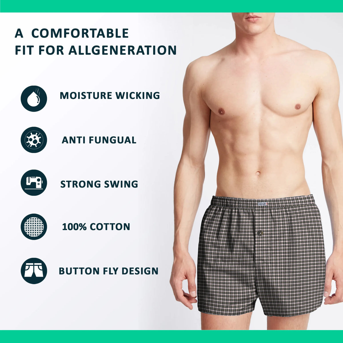 Men's Woven Cotton Boxer Shorts – Brown Check, Button Fly, L to XXL - photo 5