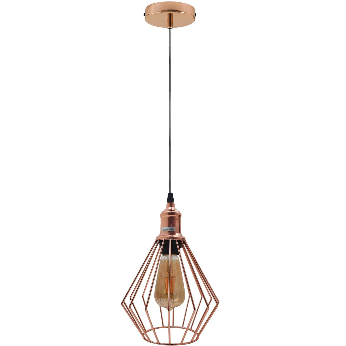 Rose Gold Pendant Light – Cage, Cone, Barn or Curvy Shade, E27 - Rose Gold, Diamond Cage Rose Gold, ST64 LED Bulb 4W