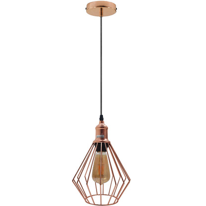 Rose Gold Pendant Light – Cage, Cone, Barn or Curvy Shade, E27 - Rose Gold, Diamond Cage Rose Gold, ST64 LED Bulb 4W