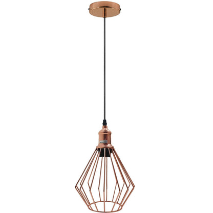 Rose Gold Pendant Light – Cage, Cone, Barn or Curvy Shade, E27 - Rose Gold, Diamond Cage Rose Gold, Without Bulb