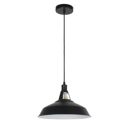 Metal Shade Pendant Light – Black Holder, Barn, Dome or Cone, E27 - Black, Barn Slotted 30 cm Black & White Inner, Without Bulb
