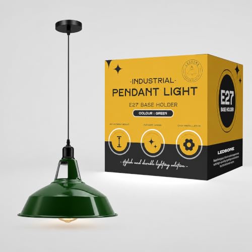 Metal Shade Pendant Light – Black Holder, Barn, Dome or Cone, E27 - Black, Barn Slotted 30 cm Green, Without Bulb
