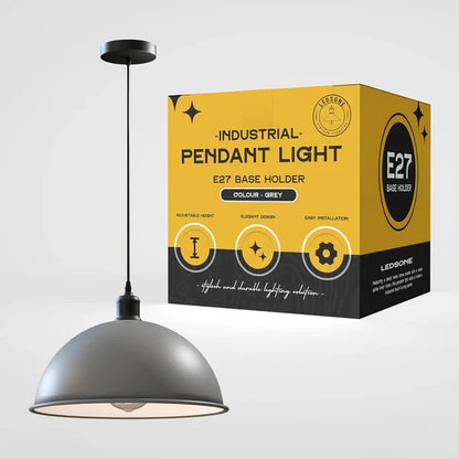 Metal Shade Pendant Light – Black Holder, Barn, Dome or Cone, E27 - Black, Dome 40 cm Grey, Without Bulb