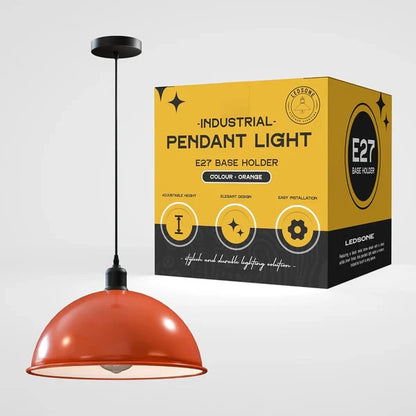 Metal Shade Pendant Light – Black Holder, Barn, Dome or Cone, E27 - Black, Dome 40 cm Orange, Without Bulb