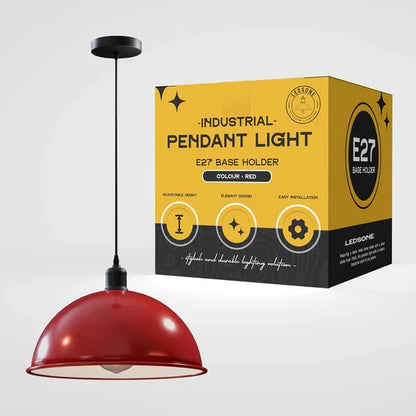 Metal Shade Pendant Light – Black Holder, Barn, Dome or Cone, E27 - Black, Dome 40 cm Red, Without Bulb