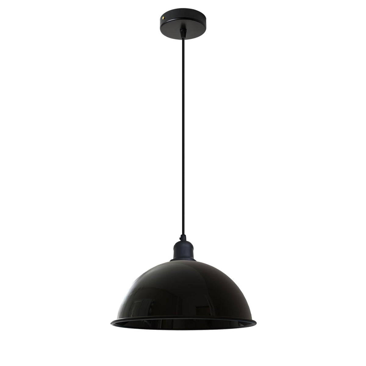 Metal Shade Pendant Light – Black Holder, Barn, Dome or Cone, E27 - Black, Dome 40 cm Shiny Black, Without Bulb