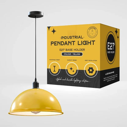 Metal Shade Pendant Light – Black Holder, Barn, Dome or Cone, E27 - Black, Dome 40 cm Yellow, Without Bulb