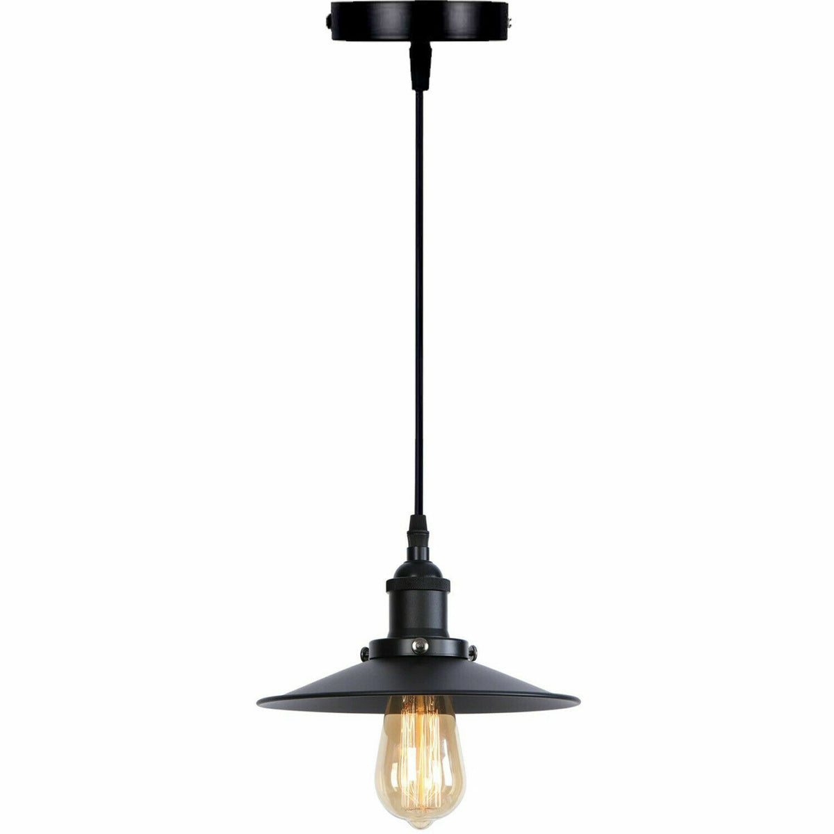 Metal Shade Pendant Light – Black Holder, Barn, Dome or Cone, E27 - Black, Flat Black Shade Ring, Without Bulb