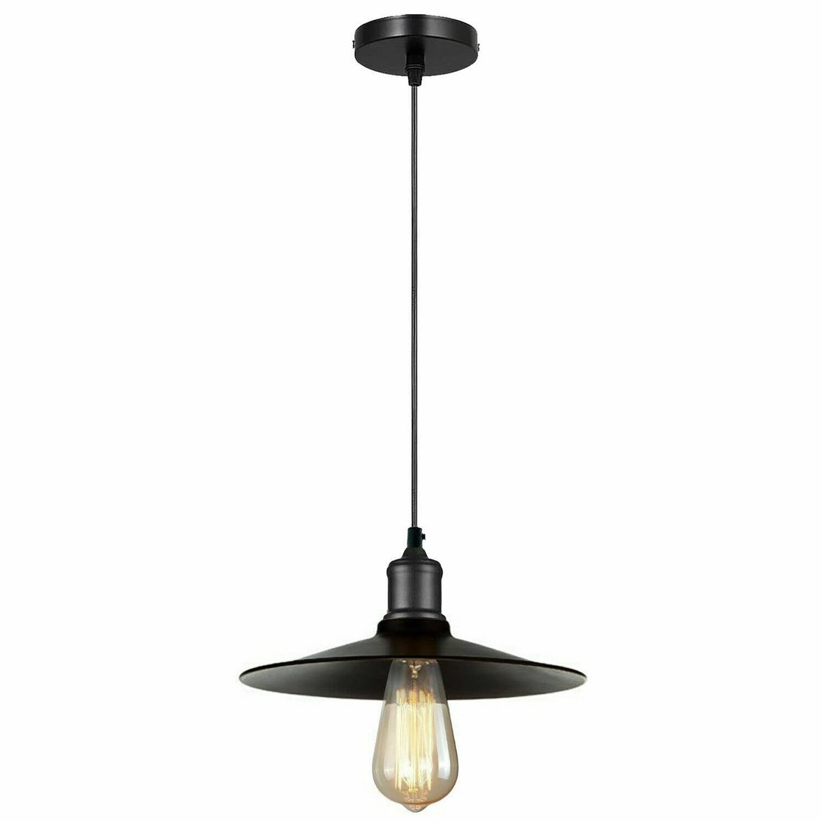 Metal Shade Pendant Light – Black Holder, Barn, Dome or Cone, E27 - Black, Flat Black, Without Bulb