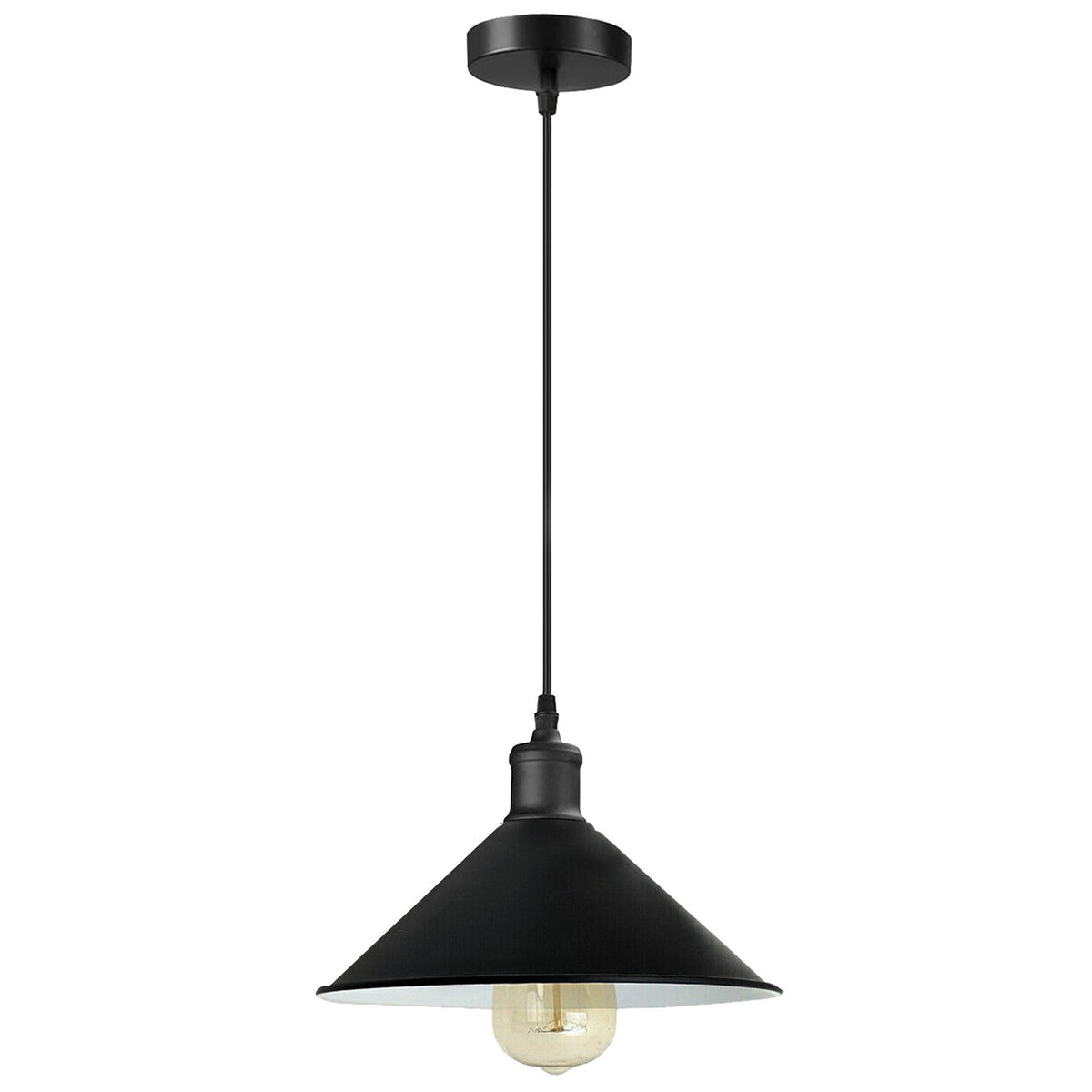 Metal Shade Pendant Light – Black Holder, Barn, Dome or Cone, E27 - Black, Flat Cone 22 cm Black & White Inner, Without Bulb