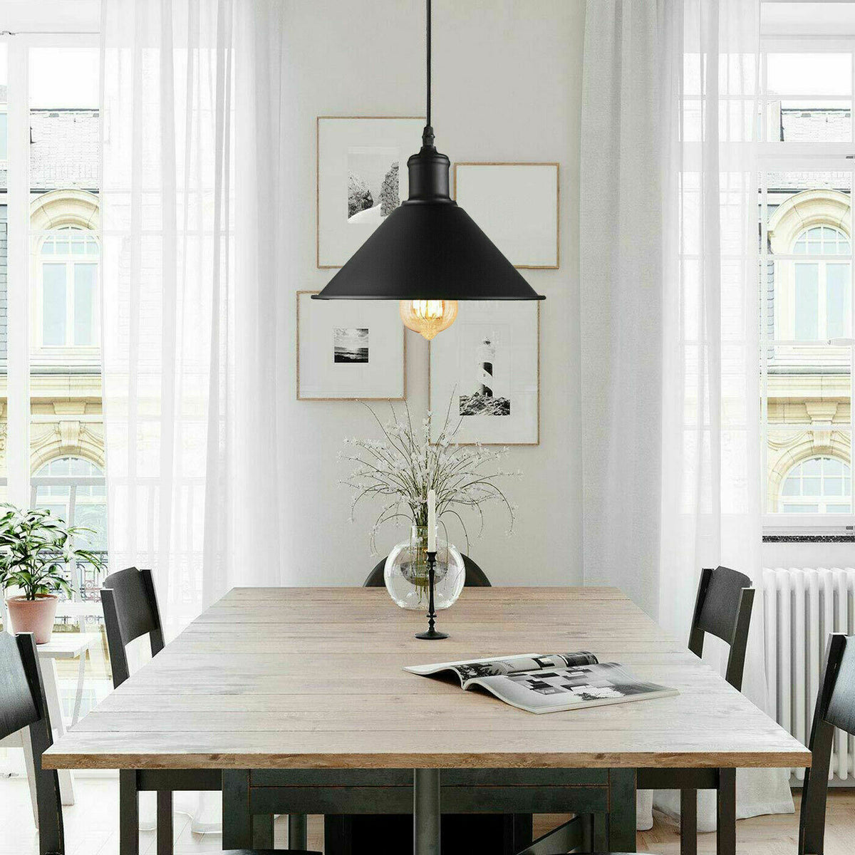 Metal Shade Pendant Light – Black Holder, Barn, Dome or Cone, E27 - Black, Flat Cone 22 cm Black, Without Bulb