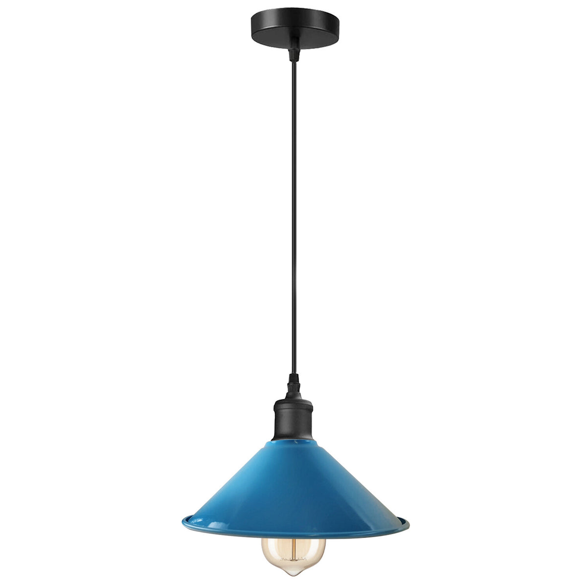 Metal Shade Pendant Light – Black Holder, Barn, Dome or Cone, E27 - Black, Flat Cone 22 cm Blue, Without Bulb