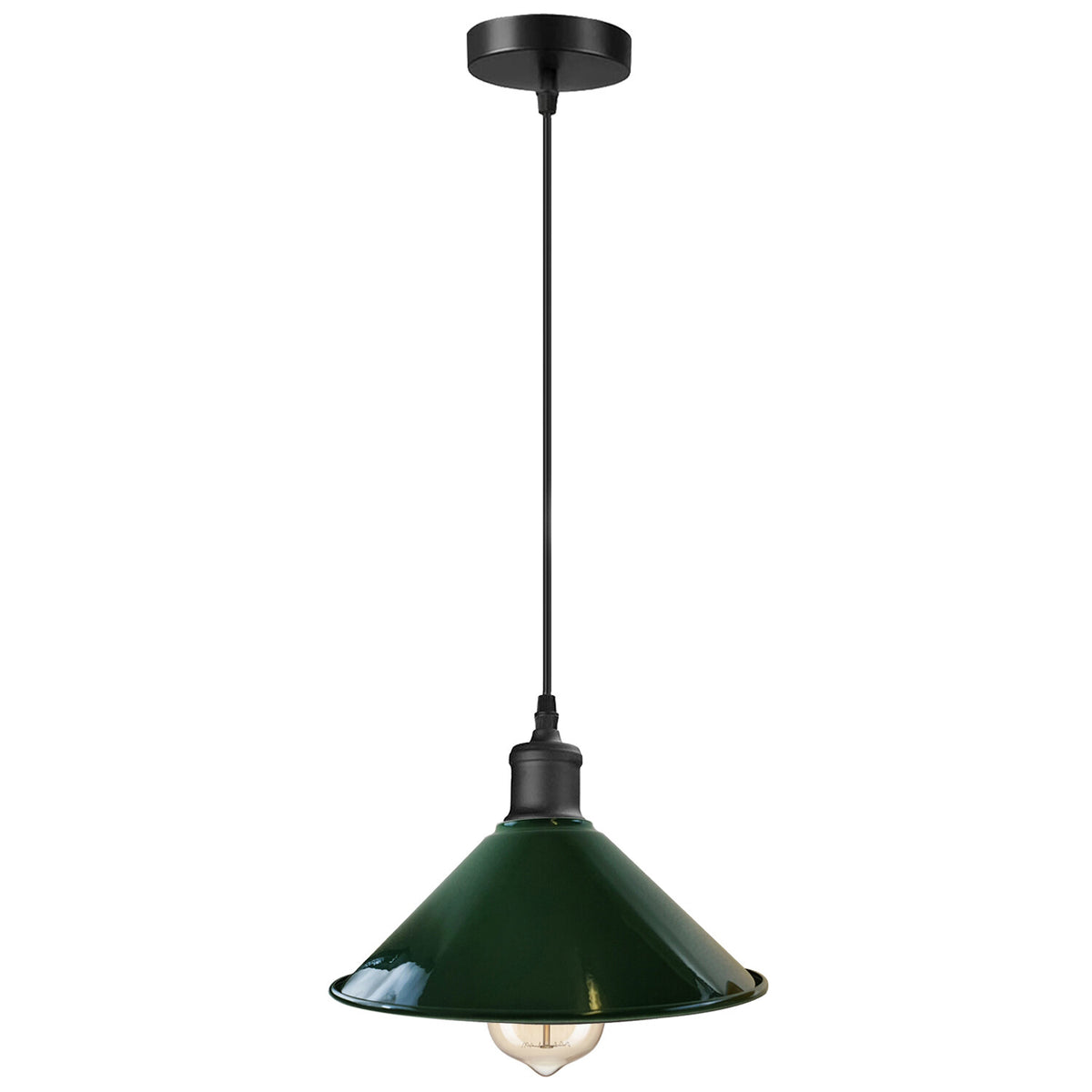 Metal Shade Pendant Light – Black Holder, Barn, Dome or Cone, E27 - Black, Flat Cone 22 cm Green, Without Bulb