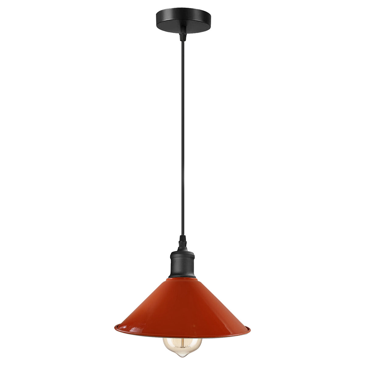 Metal Shade Pendant Light – Black Holder, Barn, Dome or Cone, E27 - Black, Flat Cone 22 cm Orange, Without Bulb