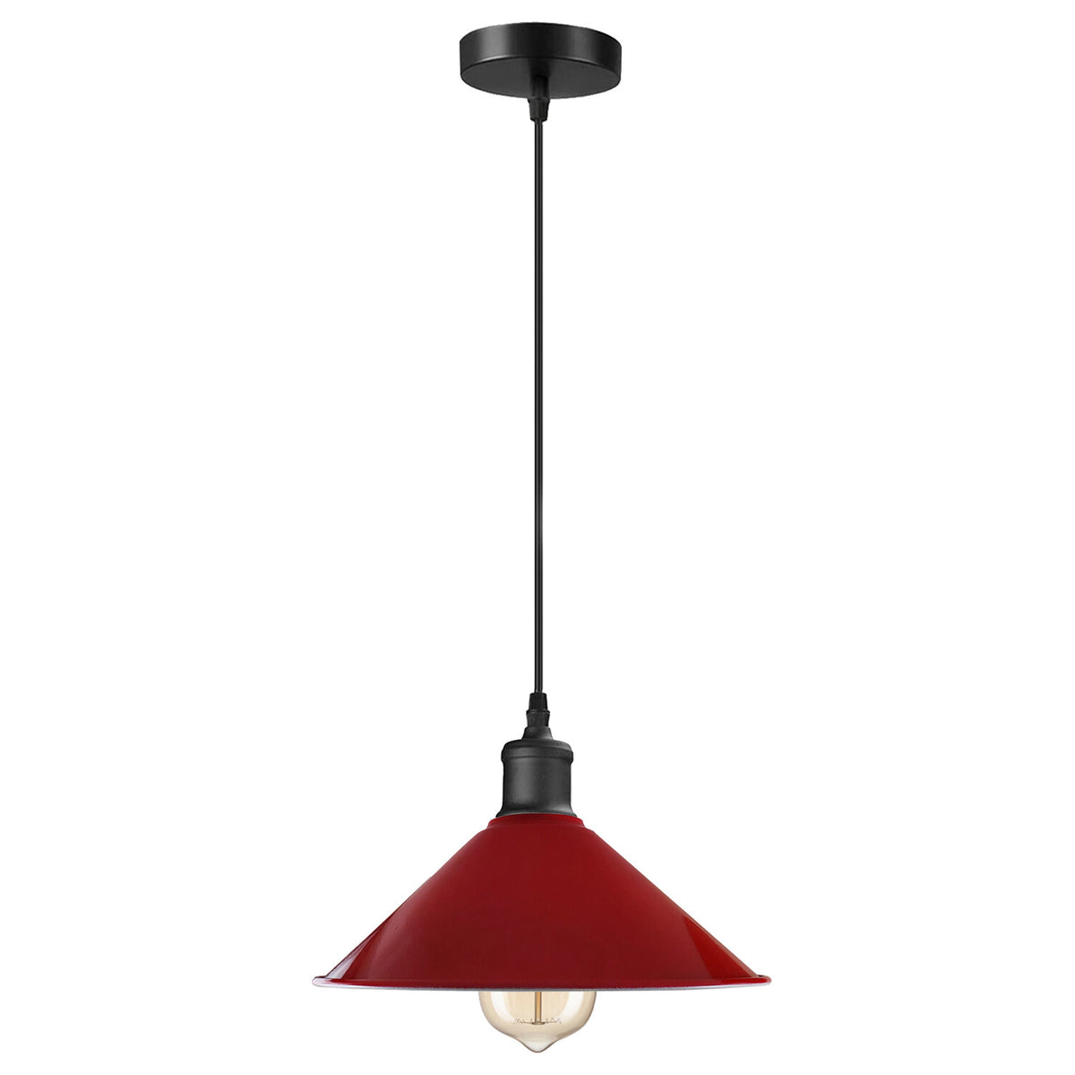 Metal Shade Pendant Light – Black Holder, Barn, Dome or Cone, E27 - Black, Flat Cone 22 cm Red, Without Bulb