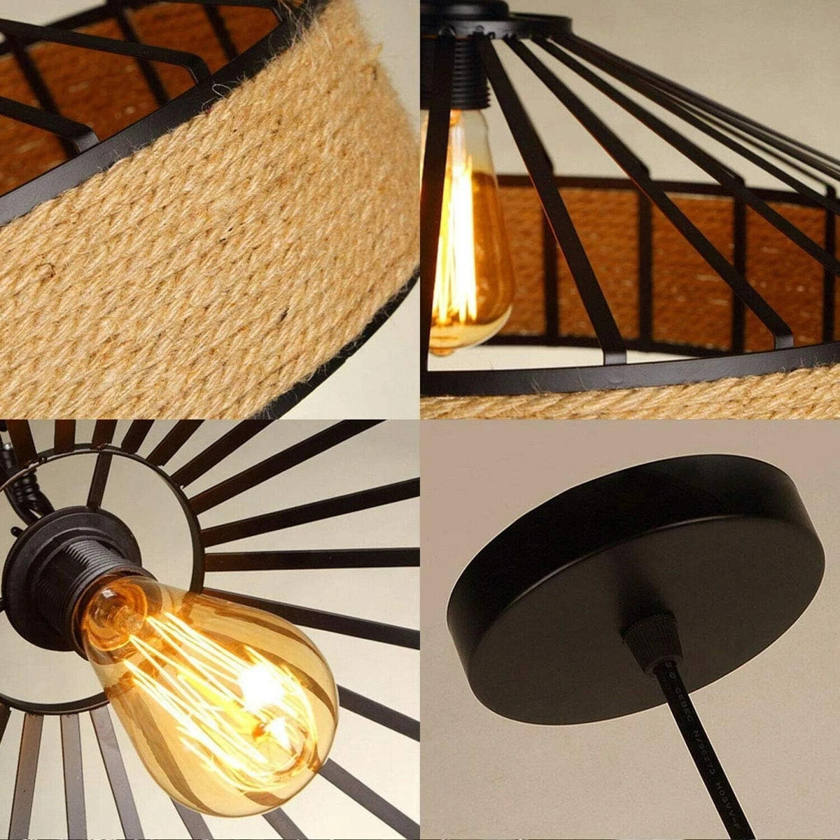 Hemp Rope Pendant Light – Metal Cage Shade 30 or 40 cm, Single or Pair - photo 3