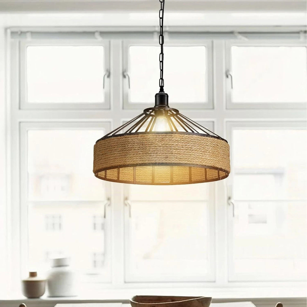 Hemp Rope Pendant Light – Metal Cage Shade 30 or 40 cm, Single or Pair - photo 4