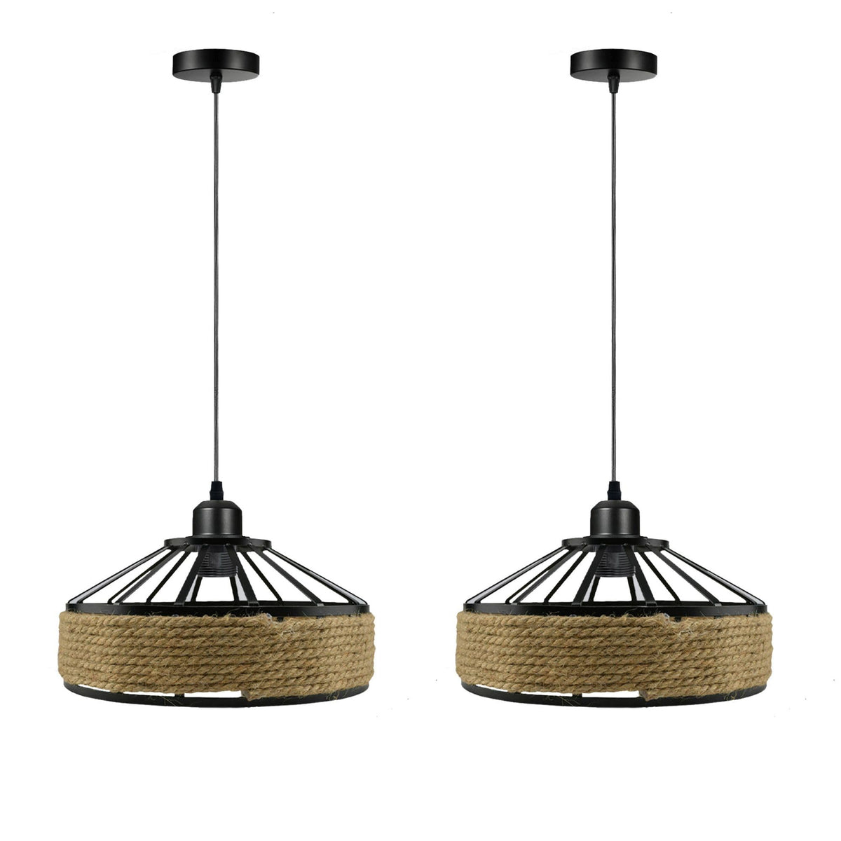 Hemp Rope Pendant Light – Metal Cage Shade 30 or 40 cm, Single or Pair - Black, Hemp Rope Shade 30 cm, Pack of 2, Without Bulb