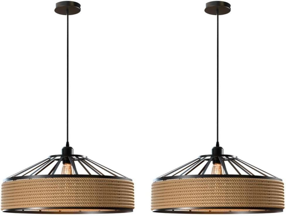 Hemp Rope Pendant Light – Metal Cage Shade 30 or 40 cm, Single or Pair - Black, Hemp Rope Shade 40 cm, Pack of 2, Without Bulb
