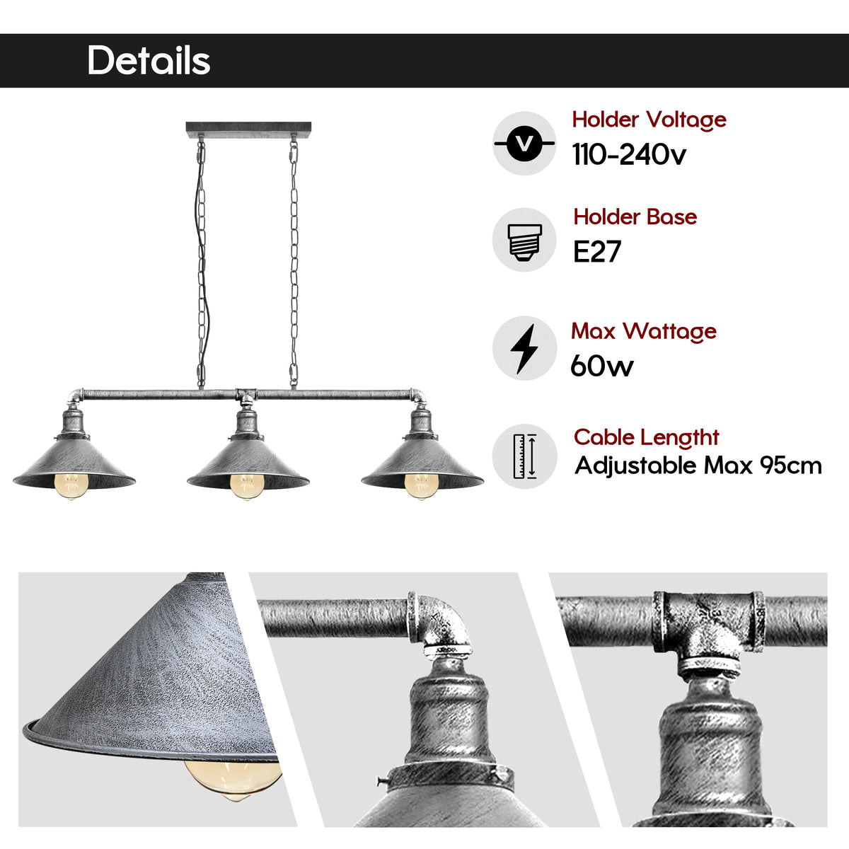 3-Light Water Pipe Pendant Bar – Industrial, E27, 4 Finishes - photo 5