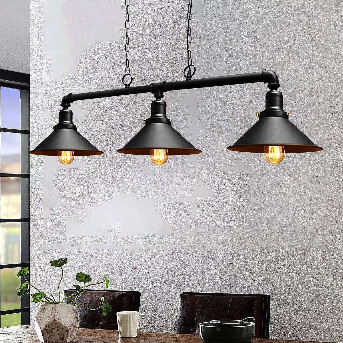 3-Light Water Pipe Pendant Bar – Industrial, E27, 4 Finishes - photo 6