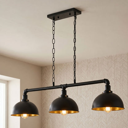 3-Light Water Pipe Pendant Bar – Industrial, E27, 4 Finishes - Black, Dome 21 cm Black & Gold, ST64 Bulb