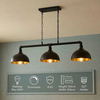 3-Light Water Pipe Pendant Bar – Industrial, E27, 4 Finishes - Black, Dome 21 cm Black & Gold, Without Bulb
