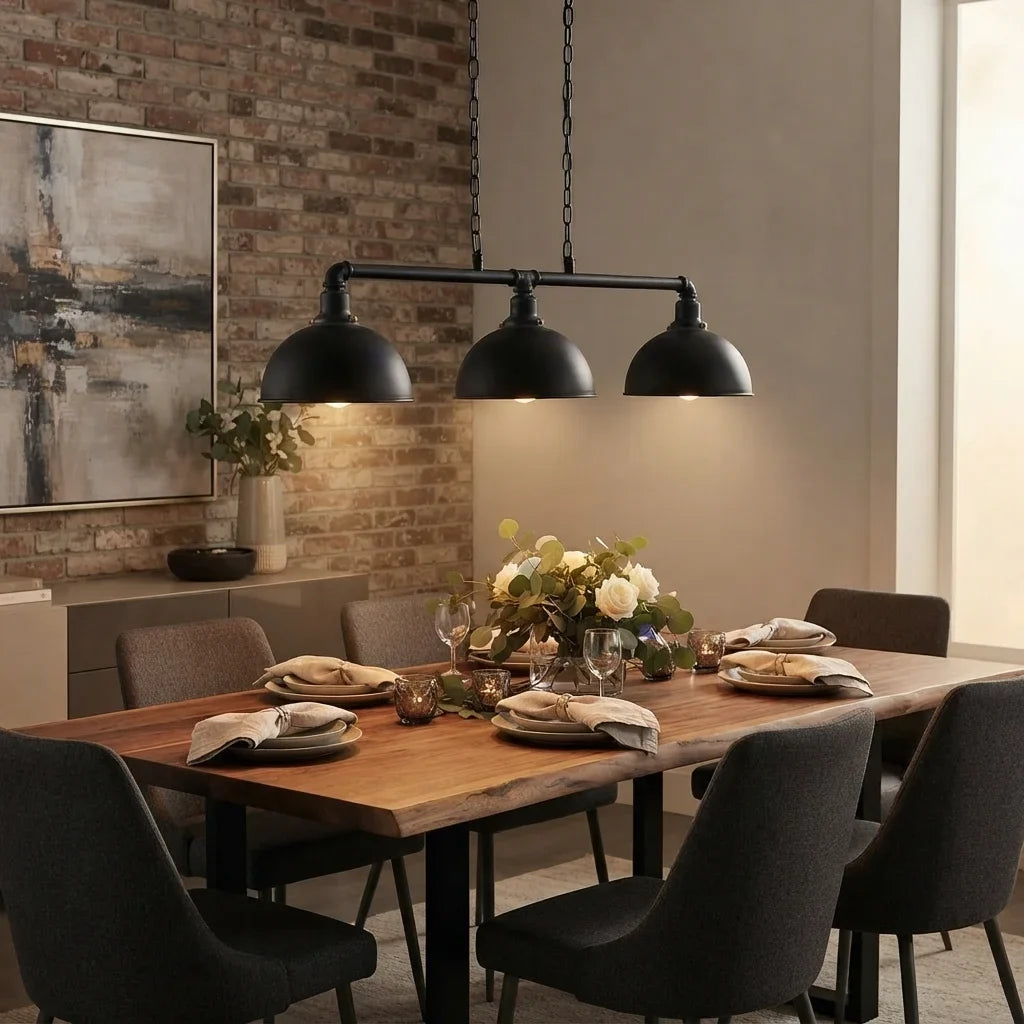3-Light Water Pipe Pendant Bar – Industrial, E27, 4 Finishes - Black, Dome 21 cm Black, ST64 Bulb