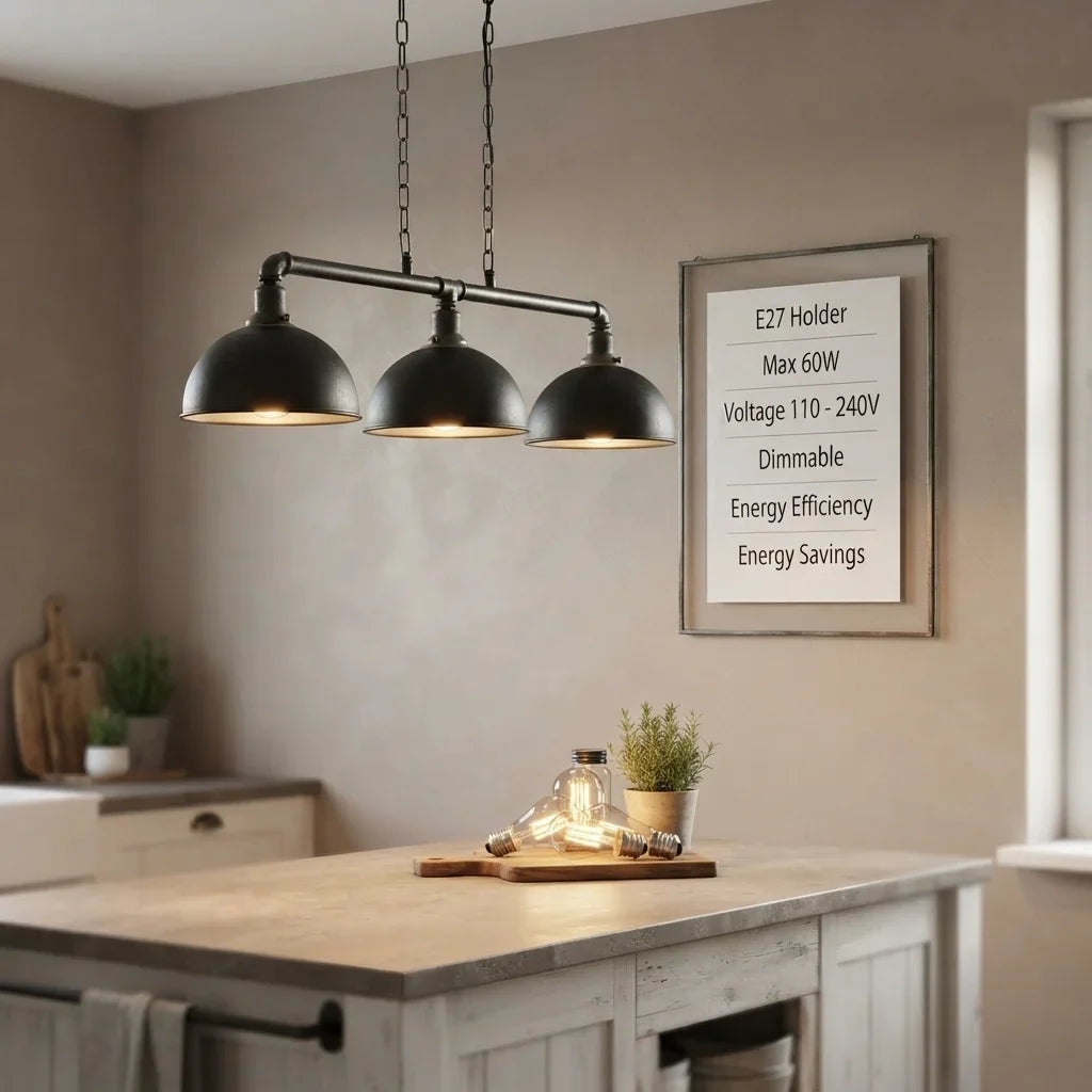 3-Light Water Pipe Pendant Bar – Industrial, E27, 4 Finishes - Black, Dome 21 cm Black, Without Bulb