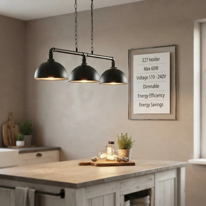 3-Light Water Pipe Pendant Bar – Industrial, E27, 4 Finishes - Black, Dome 21 cm Black, Without Bulb