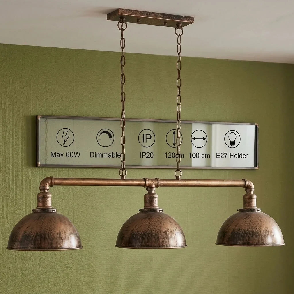 3-Light Water Pipe Pendant Bar – Industrial, E27, 4 Finishes - Brushed Copper, Dome 21 cm Brushed Copper, ST64 Bulb