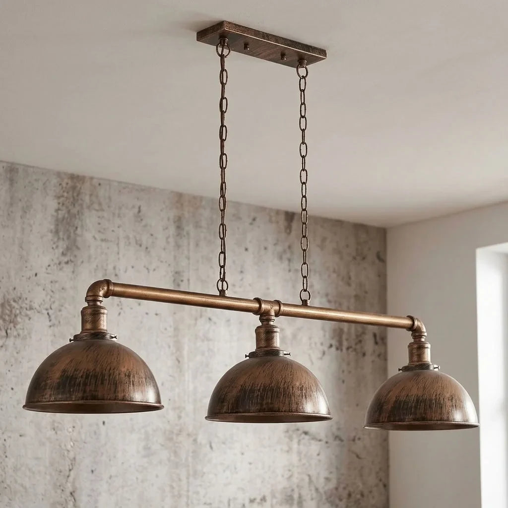 3-Light Water Pipe Pendant Bar – Industrial, E27, 4 Finishes - Brushed Copper, Dome 21 cm Brushed Copper, Without Bulb