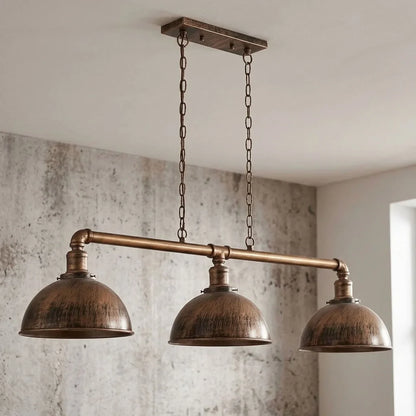 3-Light Water Pipe Pendant Bar – Industrial, E27, 4 Finishes - Brushed Copper, Dome 21 cm Brushed Copper, Without Bulb